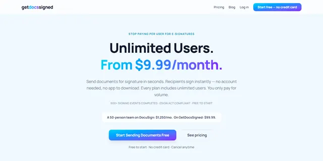 Screenshot of the GetDocsSigned public homepage, headlined “Unlimited Users. From $9.99/month.”